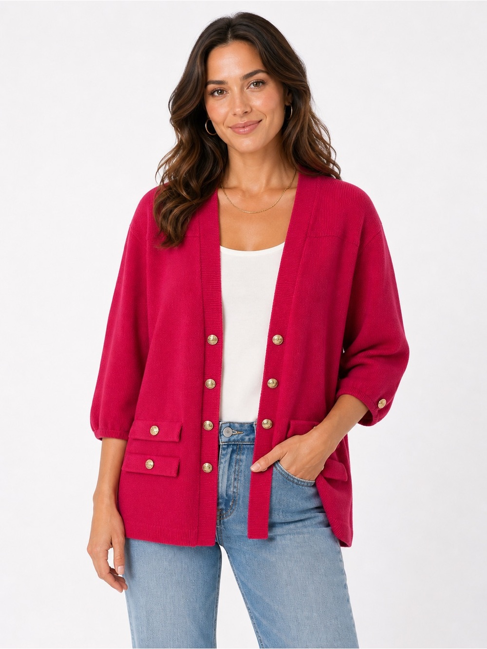 Vintage Caron Chicago Red Cardigan Sweater Women’s XL Gold Button Knit USA Made